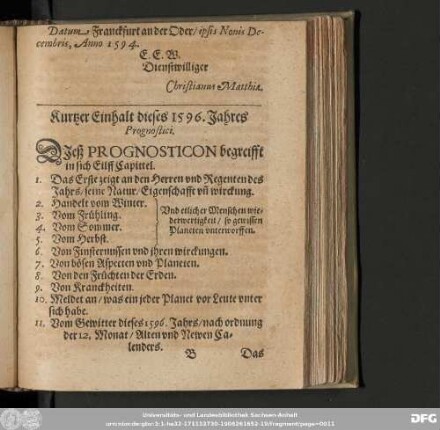Kurtzer Einhalt dieses 1596. Jahres Prognostici.