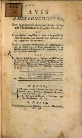 Avis à mes concitoyens sur le moyen de conserver les enfans par l'inoculation de la petite vérole