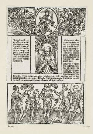 Heilige Brigitta, Christus und Maria, Heilige, Engel, fünf Krieger, aus: Suecica Brigitta/Petrus Olai/Johannes de Turrecremata/Florian Waldauf, "Revelationes Sanctae Birgittae", Nürnberg 1500, S. 41 verso