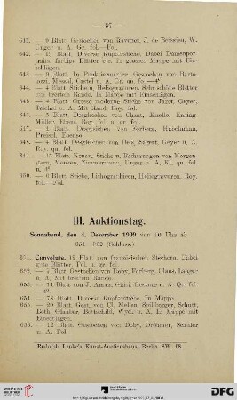 III. Auktionstag. Sonnabend, den 4. Dezember 1909 von 10 Uhr ab (Nr. 651-962)