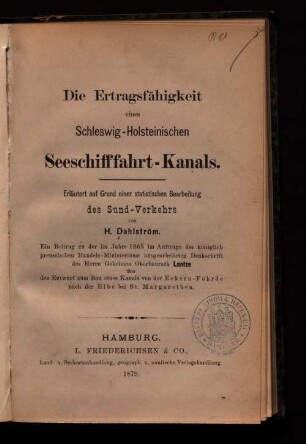 Die Ertragsfähigkeit eines Schleswig-Holsteinischen Seeschiffahrt-Kanals
