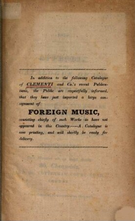 An Appendix to the Catalogue of 1816 published by Clementi & Co Manufactures of Pianoforte et Musicae-sellers