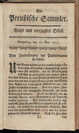 Sechs und vierzigstes Stück. Königsberg, den 18. Nov. 1773.
