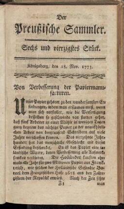 Sechs und vierzigstes Stück. Königsberg, den 18. Nov. 1773.