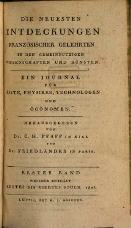 Französische Annalen für die allgemeine Naturgeschichte, Physik, Chemie, Physiologie und ihre gemeinnützigen Anwendungen, 1803, St. 1 - 4 = Bd. 1