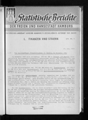 Die kassenmäßigen Steuereinnahmen in Hamburg im November 1956 : Lfd. Nr. 9