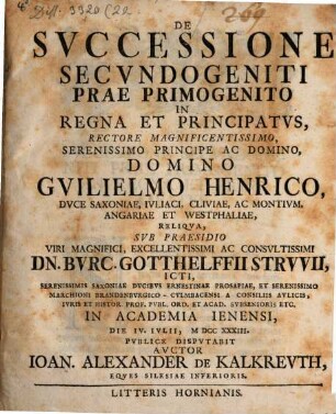 Dissertatio de successione secundogeniti prae primogenito in regna et principatus