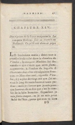 Chapitre XIV. Description de la franc-maconnerie. Le compere Mathieu fait sa tournée en Hollande. Ce qu'il voit dans ce pays là