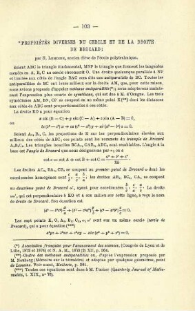 PROPRlÉTÈS DIVERSES DU CERCLE ET DE LA DROITE DE BROCARD.