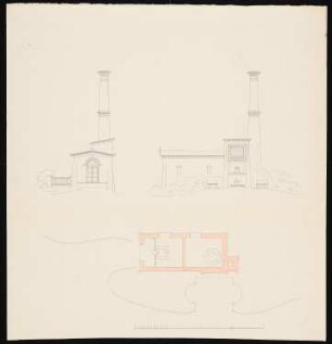 Pumpenhaus im Villenstil: Vorder- und Seitenansicht, Grundriss