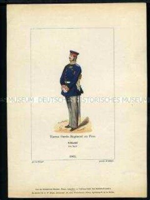 Uniformdarstellung, Feldwebel des 4. Garde-Regiments zu Fuß beim Appell, Preußen, 1861. Aus: Der Soldatenfreund.