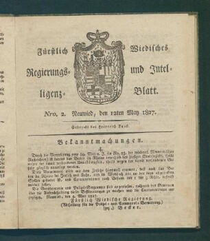 Fürstlich-Wiedisches Regierungs- und Intelligenz-Blatt. 1827-1827