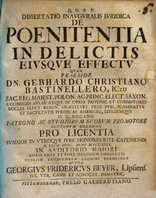Dissertatio inauguralis iuridicae de poenitentia in delictis eiusque effectu