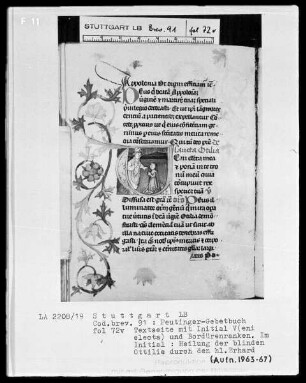 Gebetbuch des Konrad Peutinger — Initiale V (eni electa), darin Heilung der blinden Odilie, Folio 72verso