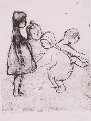 Links stehendes Mädchen und drei Kinder