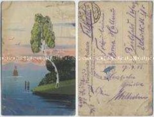 Selbstgemaltes Landschaftsbild mit See und Brike