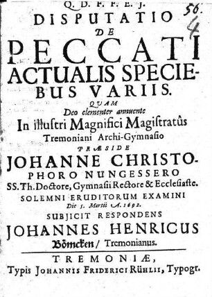 Disputatio De Peccati Actualis Speciebus Variis