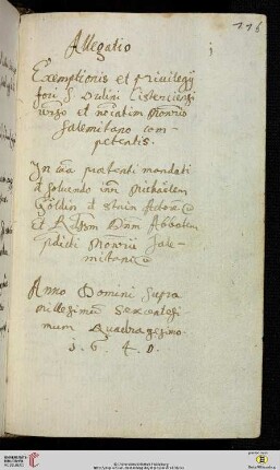‚Allegatio exemptionis et privilegii fori monasterio Salemitano competentis’, möglicherweise Abschrift von Cod. Sal. VII,11