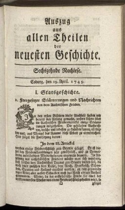 Sechszehnde Nachlese. Coburg, den 19. April. 1749.