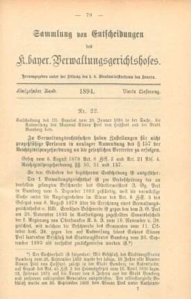 Fünfzehnter Band. 1894. Vierte Lieferung. - Nr. 22. - Nr. 30.