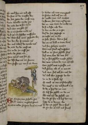 Ein Bär bei einem liegenden Mann, ein Mann klettert auf einem Baum; (Von zwei Gesellen und einem Bären, Kapitel LXXIII nach Pfeiffer)