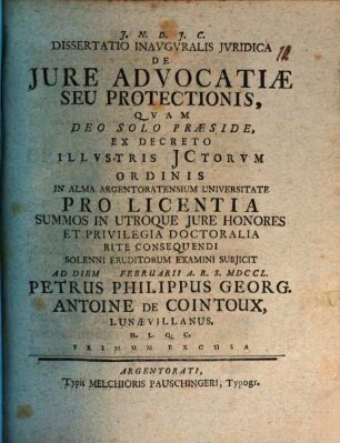 Dissertatio inavgvralis jvridica de jure advocatiae seu protectionis