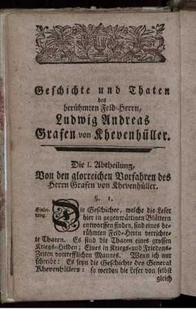 Die I. Abtheilung, Von den glorreichen Vorfahren des Herrn Grafen von Khevenhüller.