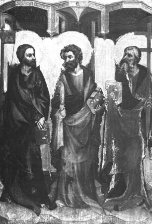 Altar im geöffneten Zustand — Oberes Bildfeld: die Heiligen Jakobus minor, Bartholomäus und Philippus