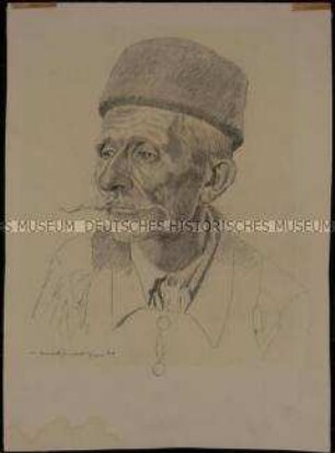 Porträt eines alten Mannes in Landestracht mit Fes