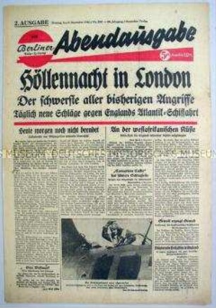 Abendausgabe der "Berliner Volks-Zeitung" u.a. zu Luftangriffen auf London