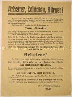 Aufruf des Oberbefehlshabers Noskes an die Arbeiter anlässlich des Einmarschs von Truppen in Berlin und Charlottenburg zur Niederschlagung des Januaraufstands