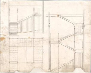 Voit, August von; München; Glaspalast - Treppenhaus (Grundriss, Ansicht, Schnitt)