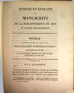 Notices et extraits des manuscrits de la Bibliothèque Nationale et autres bibliothèques. 14. 1843