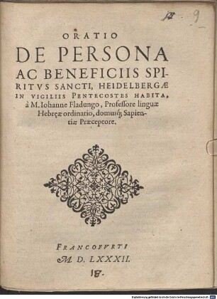 Oratio de persona ac beneficiis Spiritus Sancti Heidelbergae in vigiliis Pentecostes habita