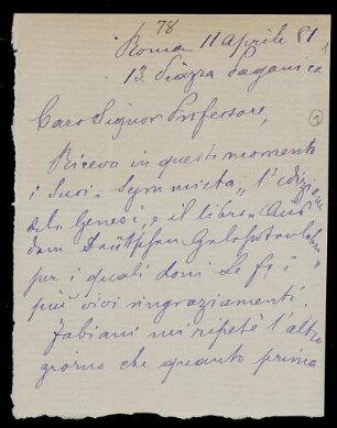 Nr. 1: Brief von Ignazio Guidi an Paul de Lagarde, Rom, 11.4.1881