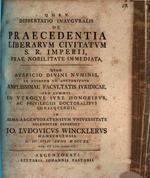 Dissertatio inauguralis de praecedentia liberarum civitatum S. R. Imperii, prae nobilitate immediata