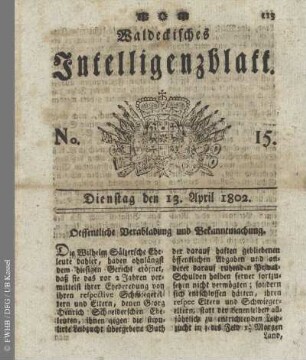 No. 15, Dienstag den 13. April 1802