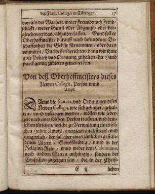 Von deß Oberhoffmeisters dieses Newen Collegii, Person unnd Ampt.