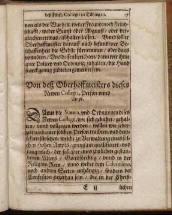 Von deß Oberhoffmeisters dieses Newen Collegii, Person unnd Ampt.