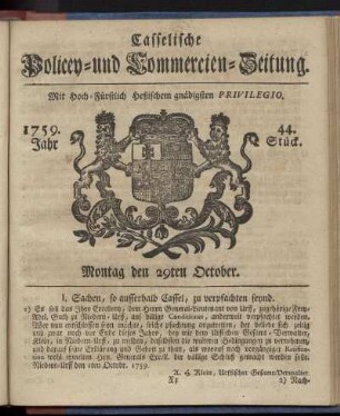 44. Stueck, Montag den 29ten October 1759