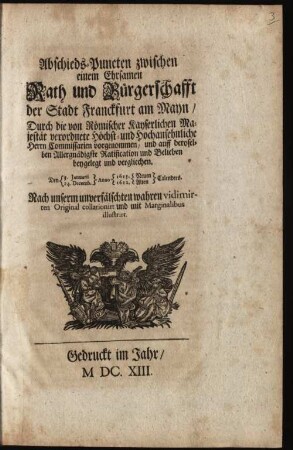 Abschieds-Puncten zwischen einem Ehrsamen Rath und Bürgerschafft der Stadt Franckfurt am Mayn ...