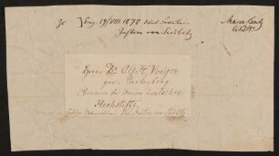 Notiz über den Eingang eines Schreibens oder eines Objektes vom 19.08.1878