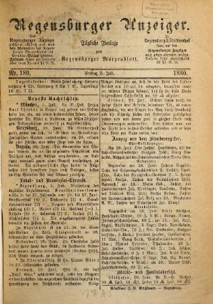 Regensburger Anzeiger : General-Anzeiger und Handelszeitung. 1880, 7 - 12 = Nr. 180 (2. Juli) - Nr. 361 (31. Dezember)