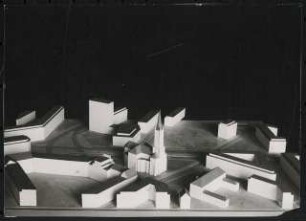 Düsseldorfer Schauspielhaus, Düsseldorf Wettbewerb: Städtebauliches Modell, Martin-Luther-Platz mit Johanneskirche, Westansicht