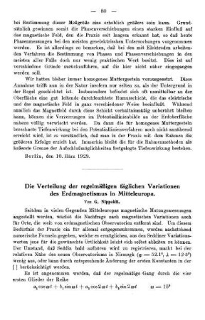 Die Verteilung der regelmäßigen täglichen Variationen des Erdmagnetismus in Mitteleuropa