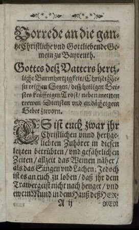 Vorrede an die gantze Christliche und Gottliebende Gemein zu Bayreuth.