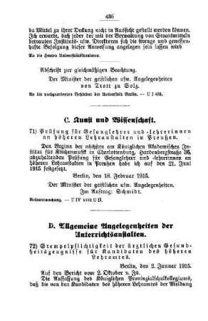 Stempelpflichtigkeit der ärztlichen Gesundheitszeugnisse für Kandidaten des höheren Lehramtes : [D. Allgemeine Angelegenheiten der Unterrichtsanstalten]