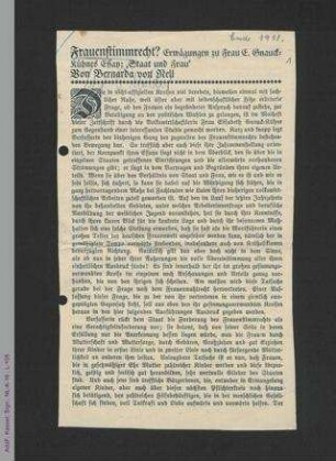 Sammlung: Frau und Politik. Vorkriegszeit [1914]
