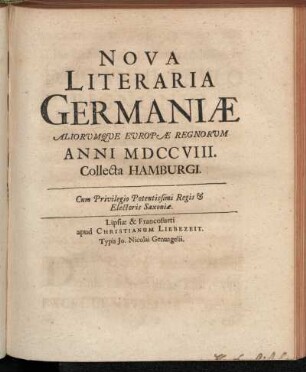 6: Nova literaria Germaniae, aliorumque Europae regnorum, collecta Hamburgi