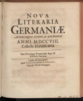 6: Nova literaria Germaniae, aliorumque Europae regnorum, collecta Hamburgi